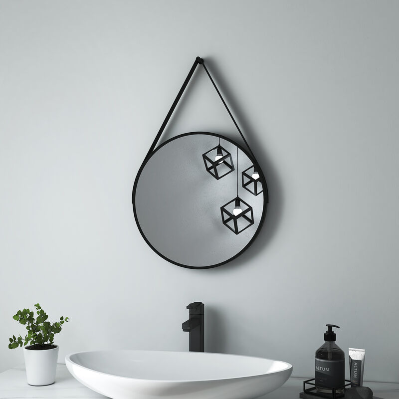 foto del prodotto heilmetz specchio da bagno specchio da parete rotondo 80cm con cinturino nero regolabile specchio retr 