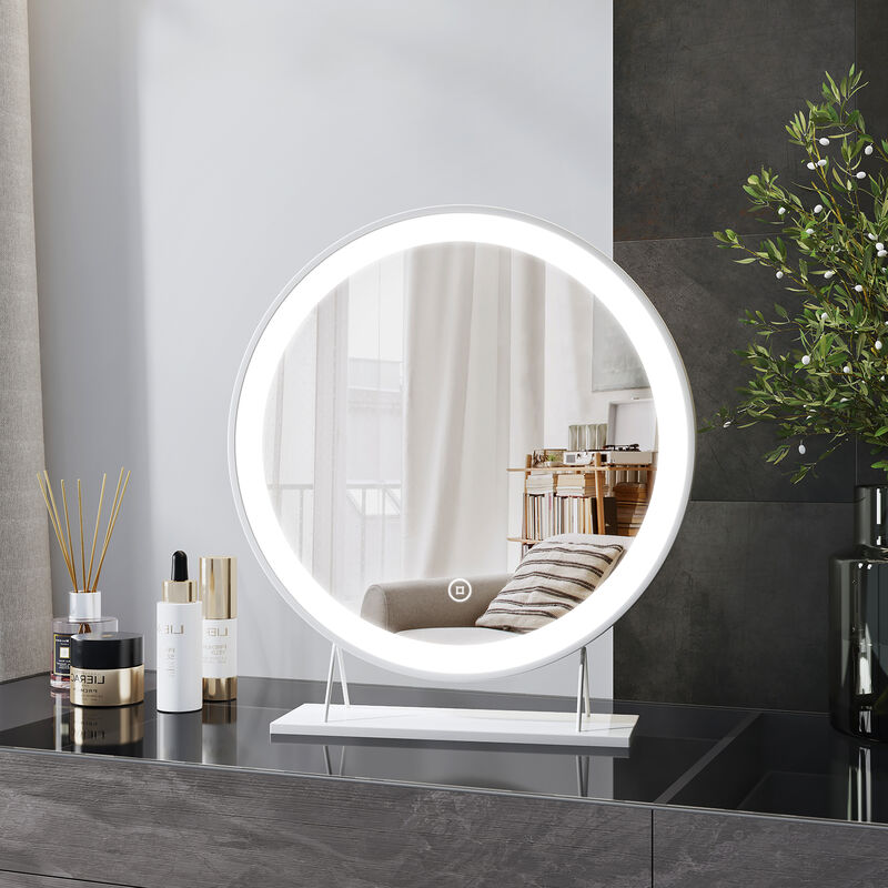 foto del prodotto heilmetz specchio per cosmesi rotondo a led 40cm con 3 colori di luce dimmerabili 3000 6500k specchio cosmetico con interruttore a sfioramento
