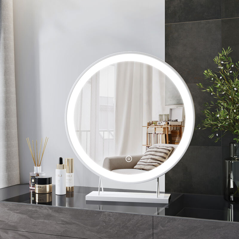 foto del prodotto heilmetz specchio per cosmesi rotondo a led 48cm con 3 colori di luce dimmerabili 3000 6500k specchio cosmetico con interruttore a sfioramento