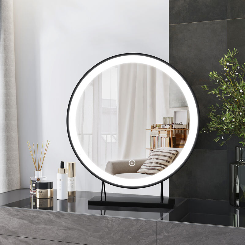 foto del prodotto heilmetz specchio per cosmesi rotondo a led 48cm con 3 colori di luce dimmerabili 3000 6500k specchio cosmetico con interruttore a sfioramento nero