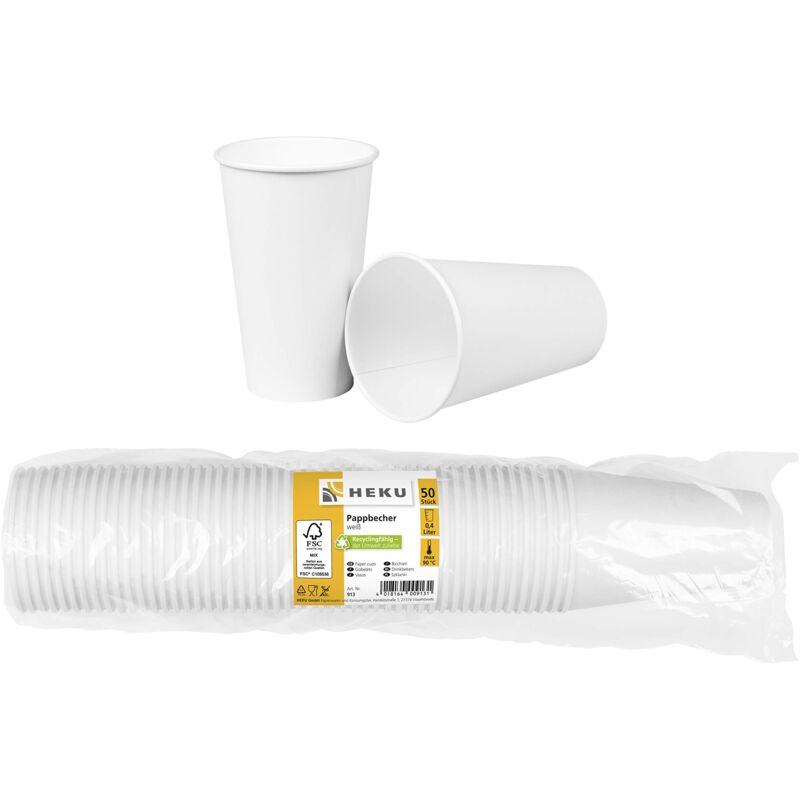 foto del prodotto heku 50 bicchieri di carta bianca, fibra fresca con rivestimento, ecologici e riciclabili, certificati fsc, per bevande calde e fredde, ideali per