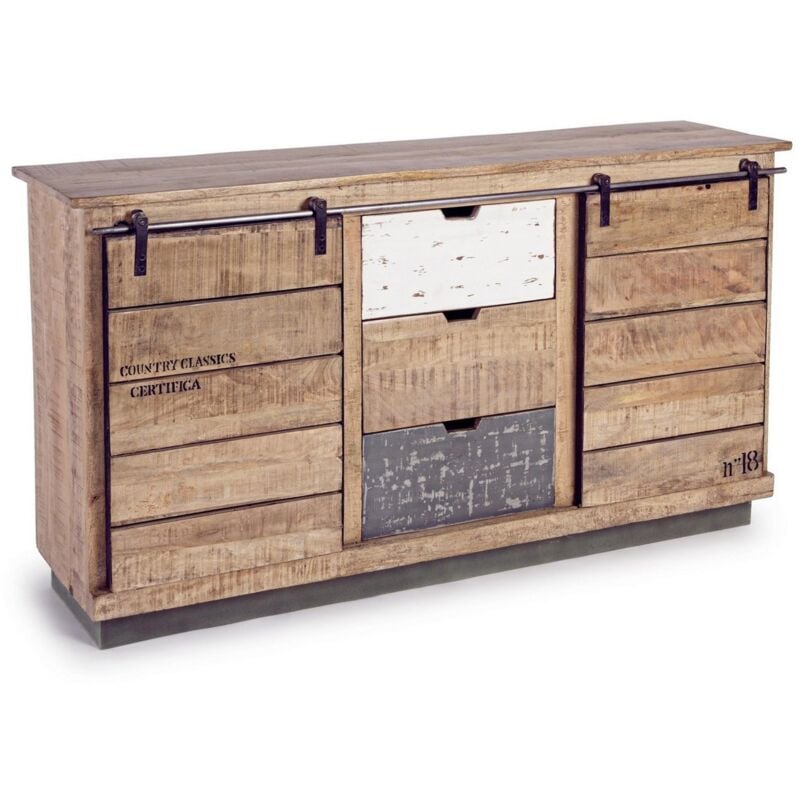 foto del prodotto hellin credenza tudor con struttura in mango e base in acciaio, stile industriale 2 ante 3 cassetti