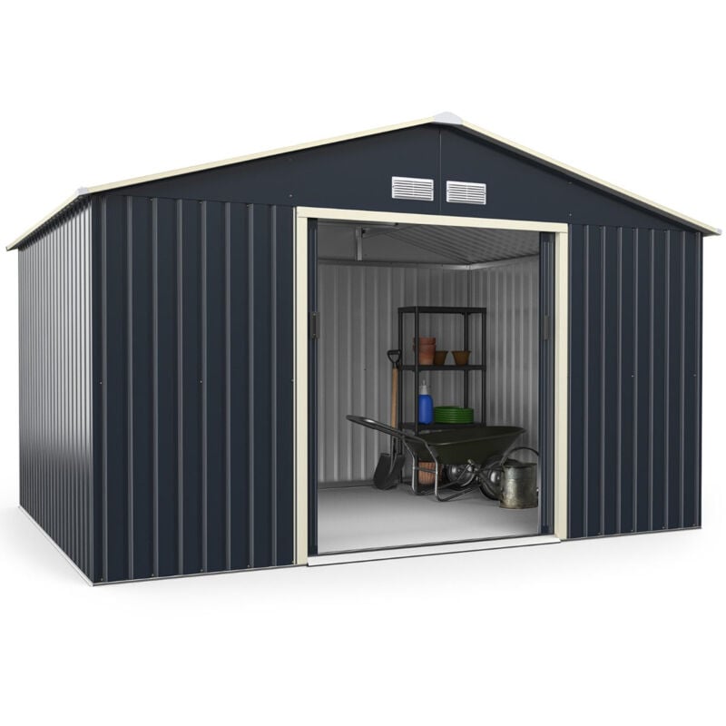 foto del prodotto helloshop26 capanno da giardino in metallo 8,67 340 x 255 x 210 cm con 2 porte scorrevoli con serratura 4 fori di ventilazione grigio per
