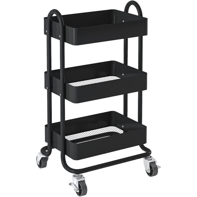 foto del prodotto helloshop26 carrello di servizio con ruote 3 cesti in acciaio 78,5 x 46 x 35 cm nero