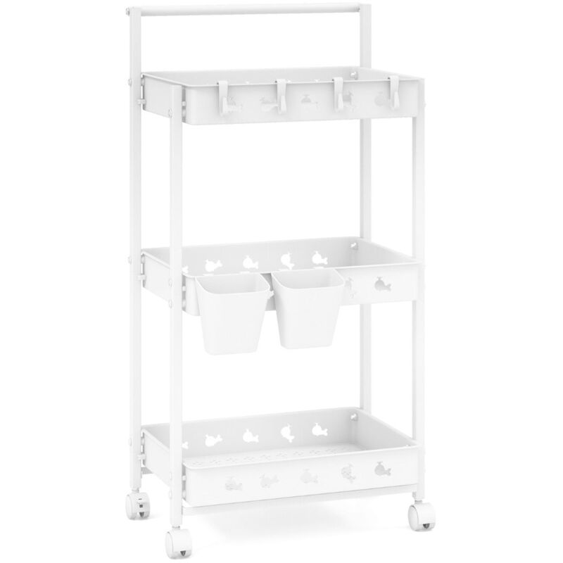 foto del prodotto helloshop26 carrello portaoggetti mobile a 3 livelli carrello multiuso con 3 contenitori e 4 ganci organizer mobile con maniglia bianca