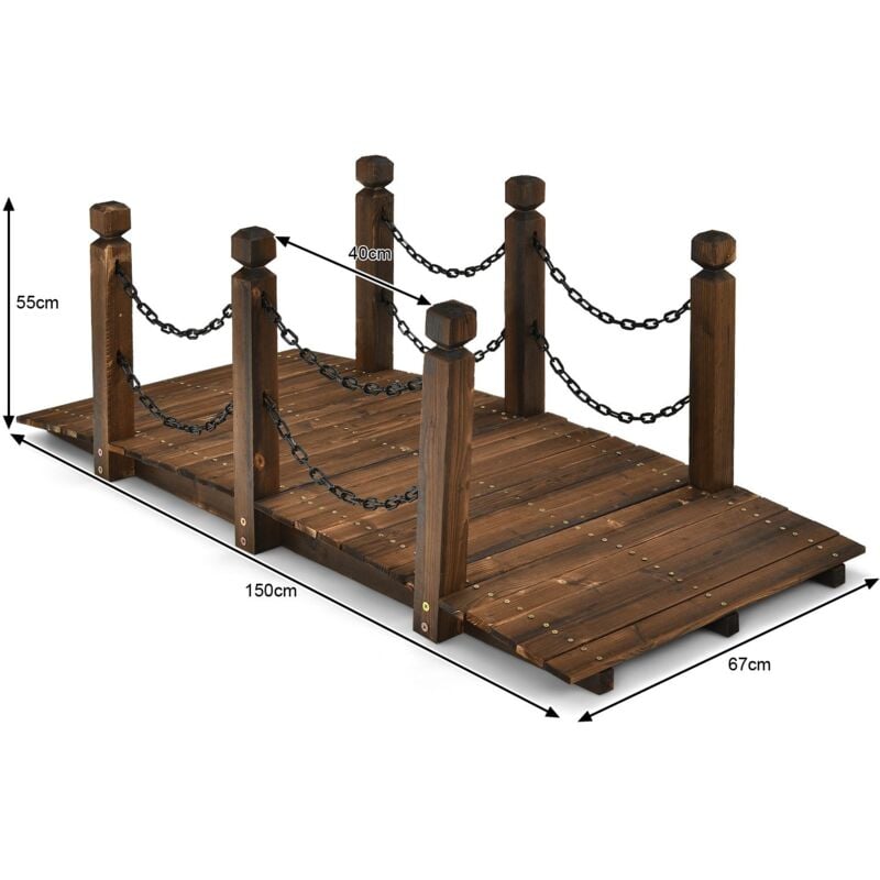 foto del prodotto helloshop26 classico ponte da giardino in abete carbonizzato con catene di sicurezza in acciaio inox per cortile con ruscello portata massima 225 kg