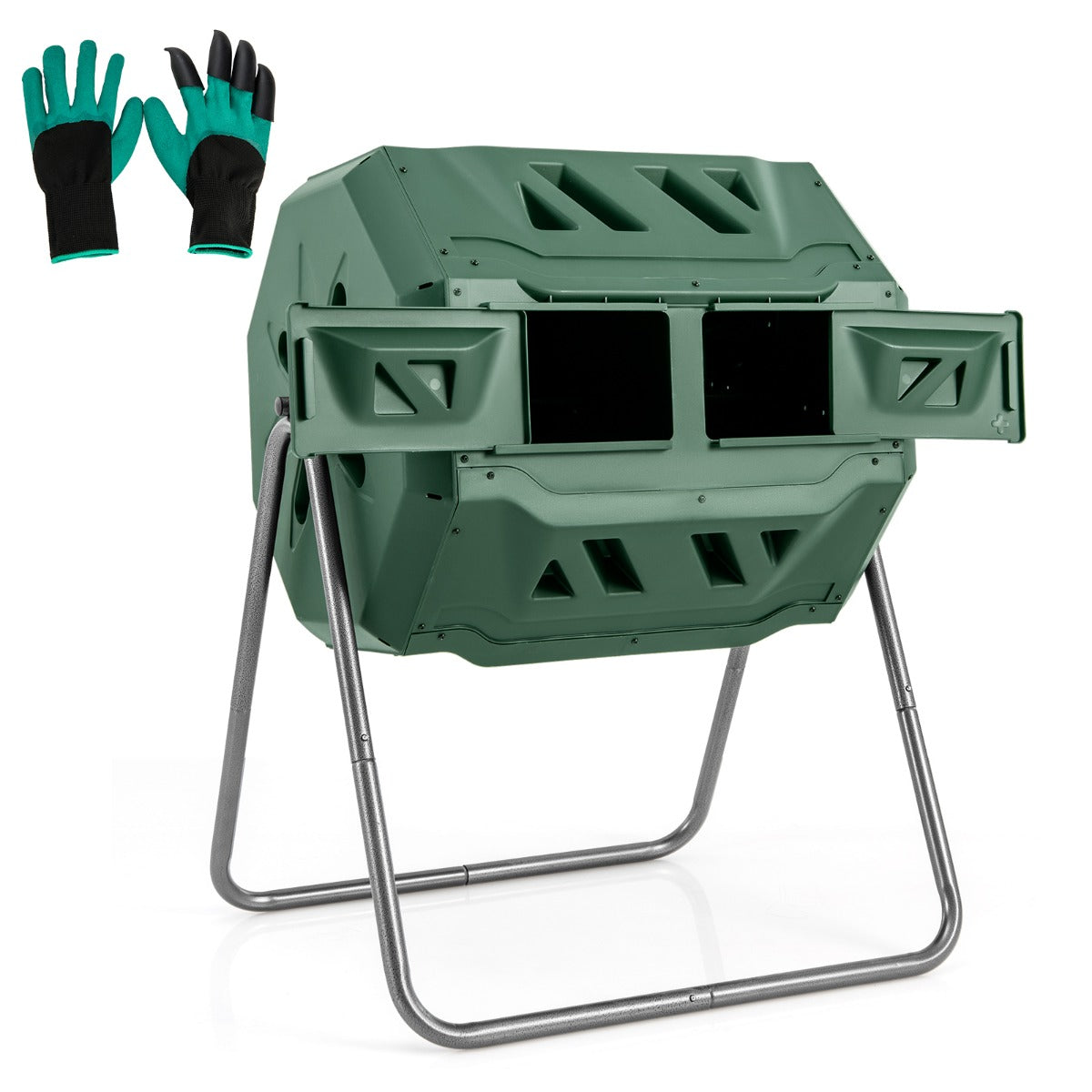 foto del prodotto helloshop26 compostiera compostiera a doppia camera da 160 litri struttura in metallo girevole a 360 con 2 ante scorrevoli fori di ventilazione