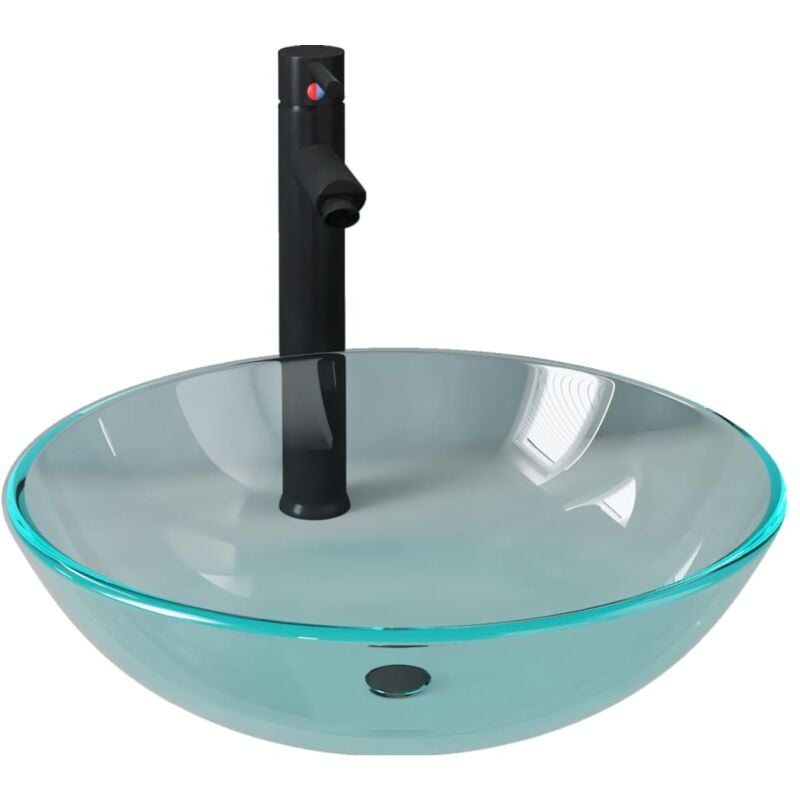 foto del prodotto helloshop26 lavabo da bagno diametro 42 cm con rubinetto e piletta con pulsante in vetro temperato