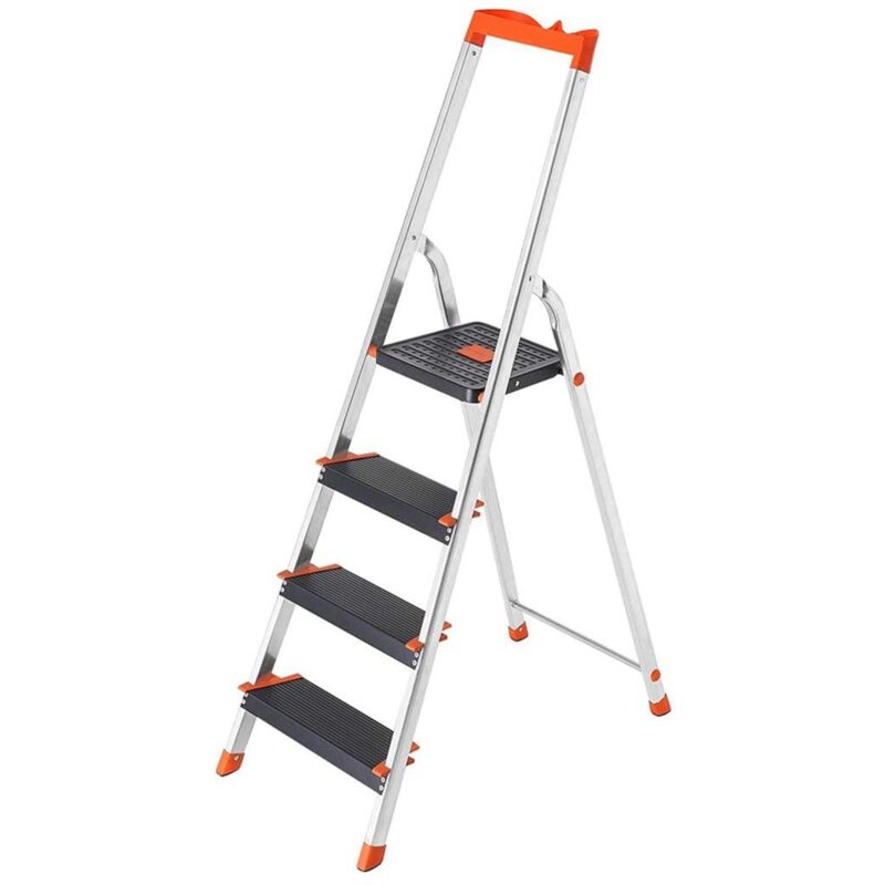 foto del prodotto helloshop26 scala 4 gradini scaletta in alluminio larghezza gradino 12 cm vassoio porta attrezzi pieghevole piedini antiscivolo portata 150 kg nero