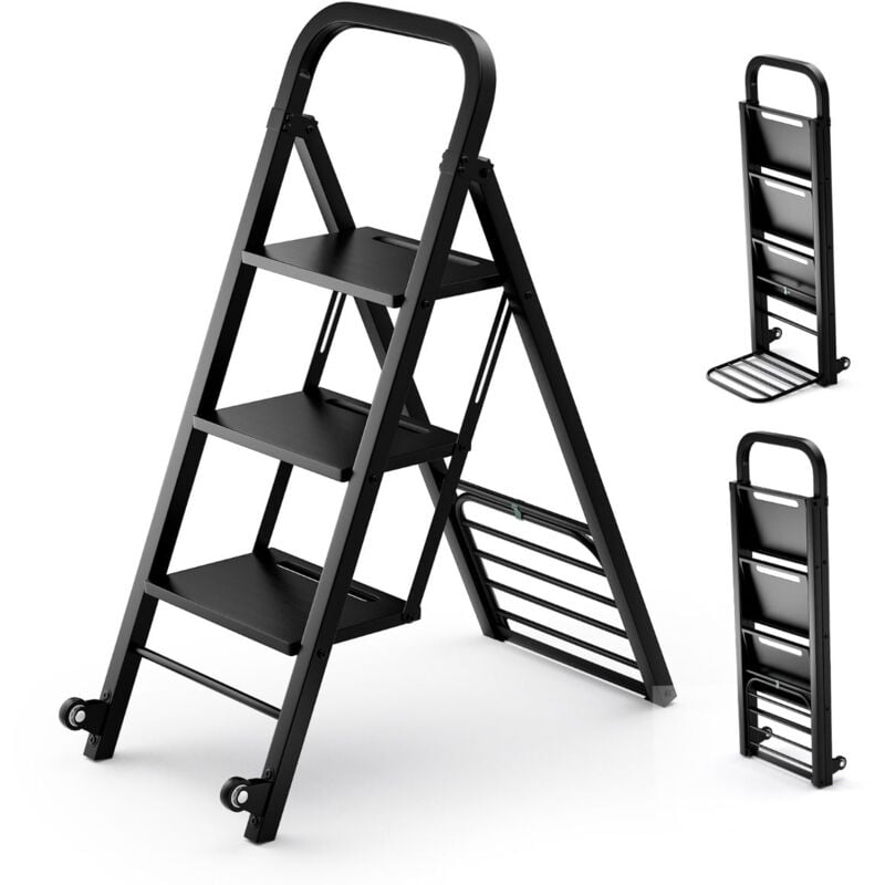 foto del prodotto helloshop26 scaletta e carrello 2 in 1 pieghevole in metallo scala a 3 gradini con ruote portata scala 200 kg carrello portata 250 kg nero