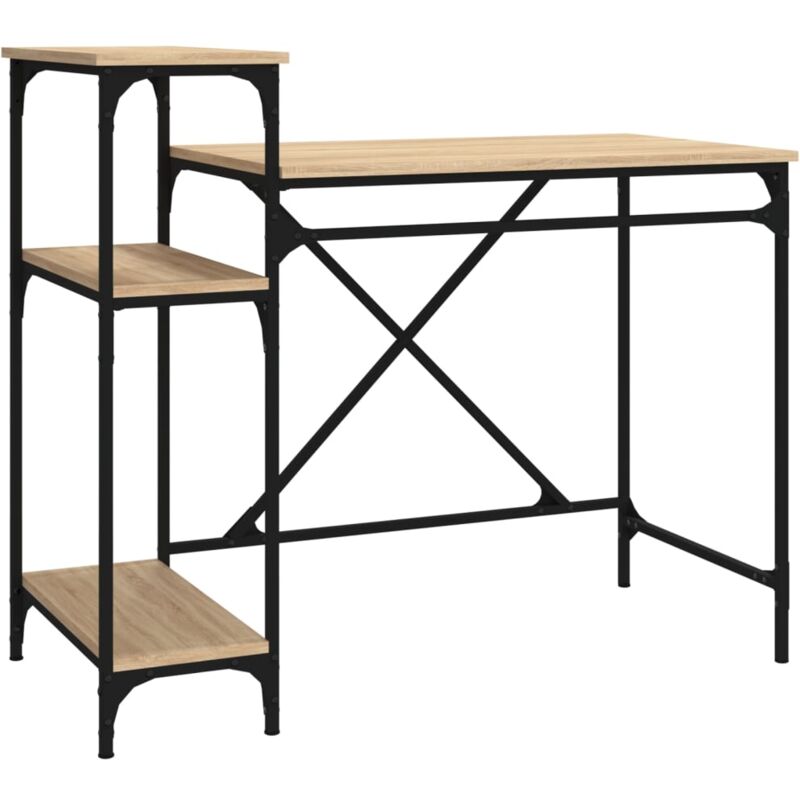 foto del prodotto helloshop26 scrivania tavolo postazione di lavoro mobile per computer studio con ripiani in rovere 105 x 50 x 90 cm pannelli in mdf e ferro marrone
