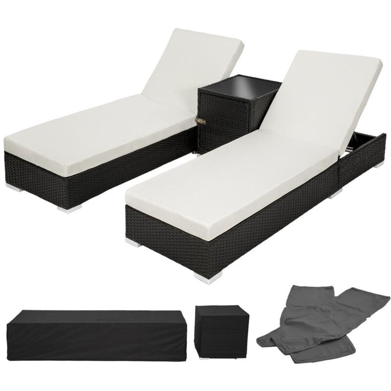foto del prodotto helloshop26 set di due lettini prendisole in resina polyrattan intrecciata nera tavolo due set di coperture copertura protettiva