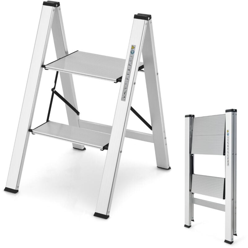foto del prodotto helloshop26 sgabello pieghevole scaletta portatile in alluminio a 2 gradini con ampia piattaforma piedini in gomma antiscivolo portata 150 kg
