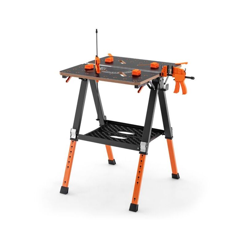 foto del prodotto helloshop26 tavolo da lavoro pieghevole e cavalletto 2 in 1 portata 454 kg 2 morse rapide e 4 cani di bloccaggio 8 altezze regolabili garage