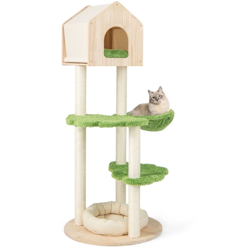 foto del prodotto helloshop26 tiragraffi per gatti 139 cm palo in legno tiragraffi cestino per condominio lettino per gatti 2 piattaforme torre da gioco per gatti
