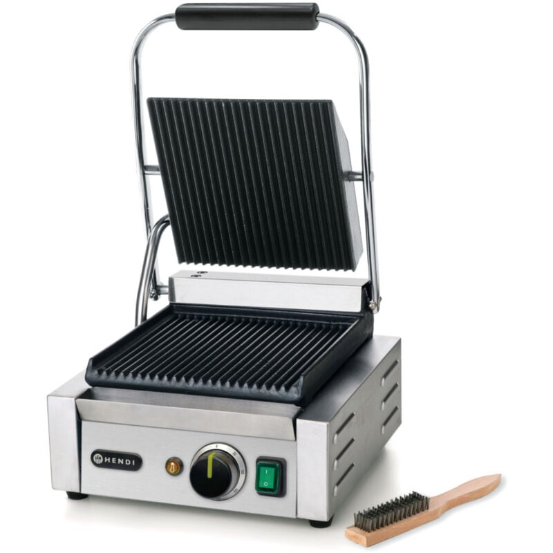 foto del prodotto hendi piastra elettrica a contatto, grill/griglia panini professionale, piastre rigata in ghisa smaltata, 230v, 1800w, 310x375x(h)216mm, acciaio inox