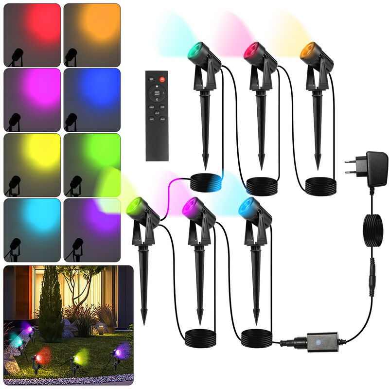 foto del prodotto hengda swanew confezione da 6 faretto da giardino a led con picchetto di terra. illuminazione da giardino con zoccolo ip65 rgb
