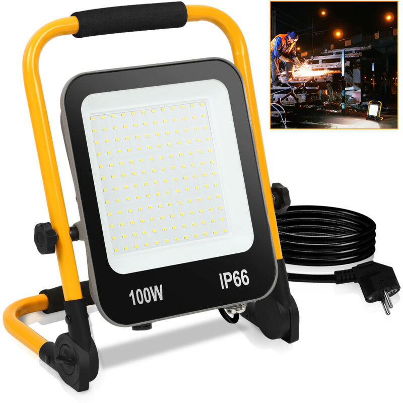 foto del prodotto hengda swanew proiettore led con treppiede giallo. proiettore esterno con presa faretto illuminazione di sicurezza 100w