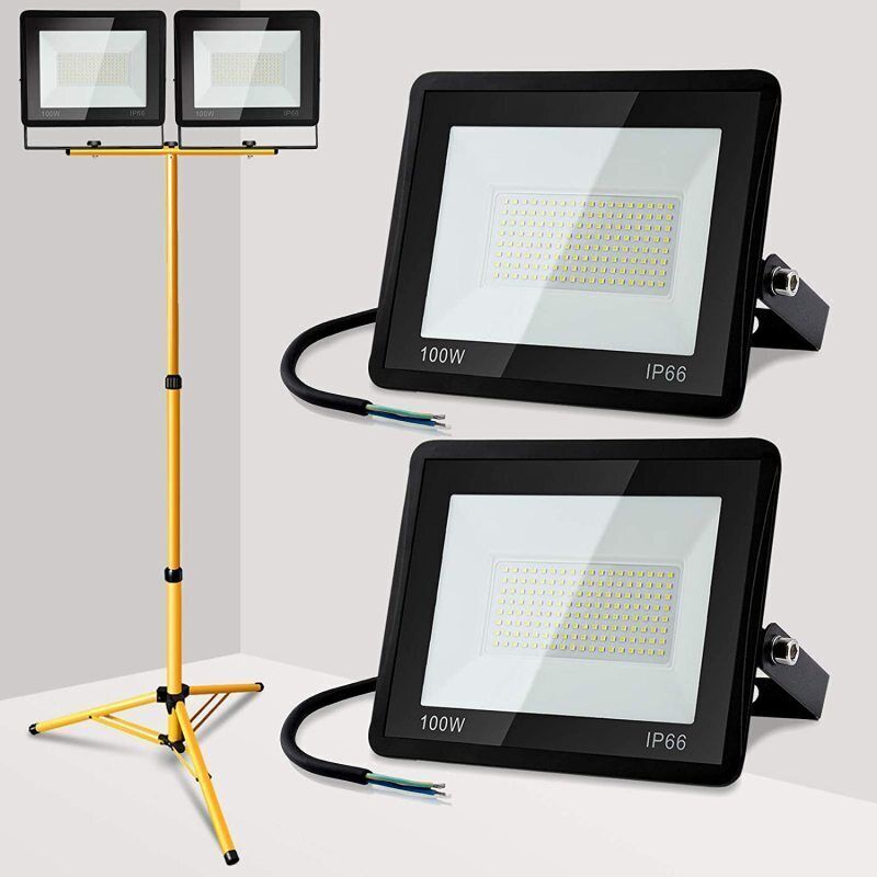foto del prodotto hengda swanew proiettore led in loco con treppiede ip66 faretto esterno da giardino 2x100w bianco caldo