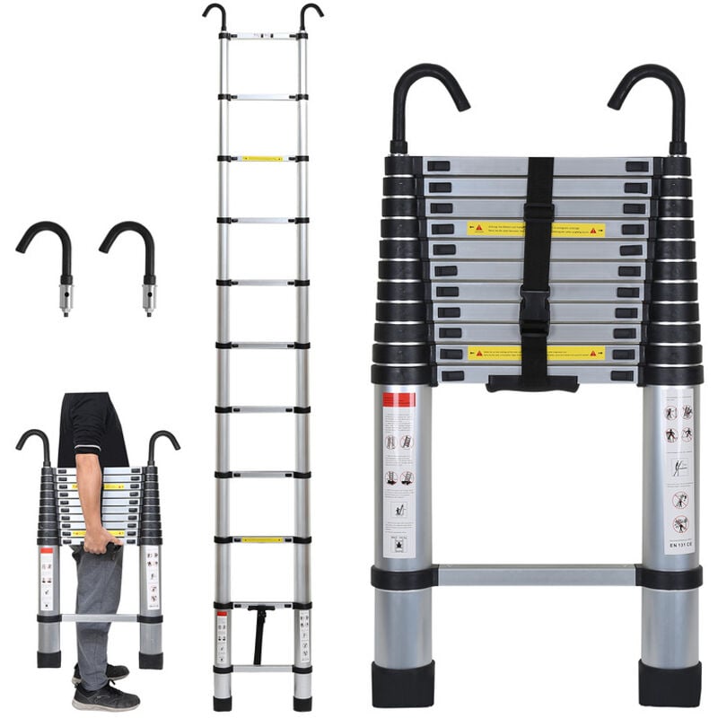 foto del prodotto hengda swanew scala telescopica con scala di estensione del gancio fino a 150 kg scala a pioli in alluminio stabile argento 3.2 m