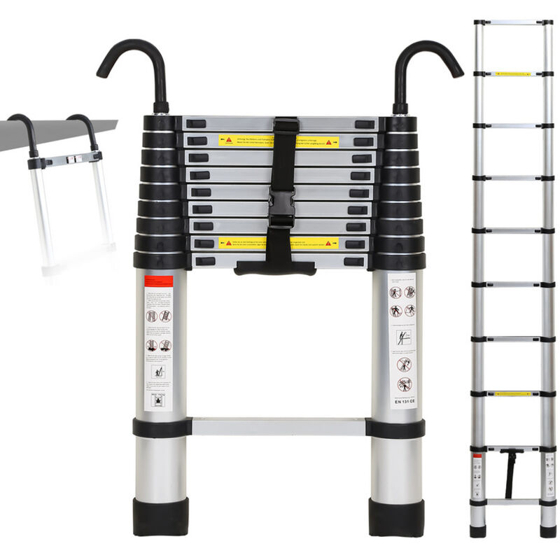 foto del prodotto hengda swanew scala telescopica con scala di estensione del gancio fino a 150 kg scala a pioli in alluminio stabile argento argento 2.6 m