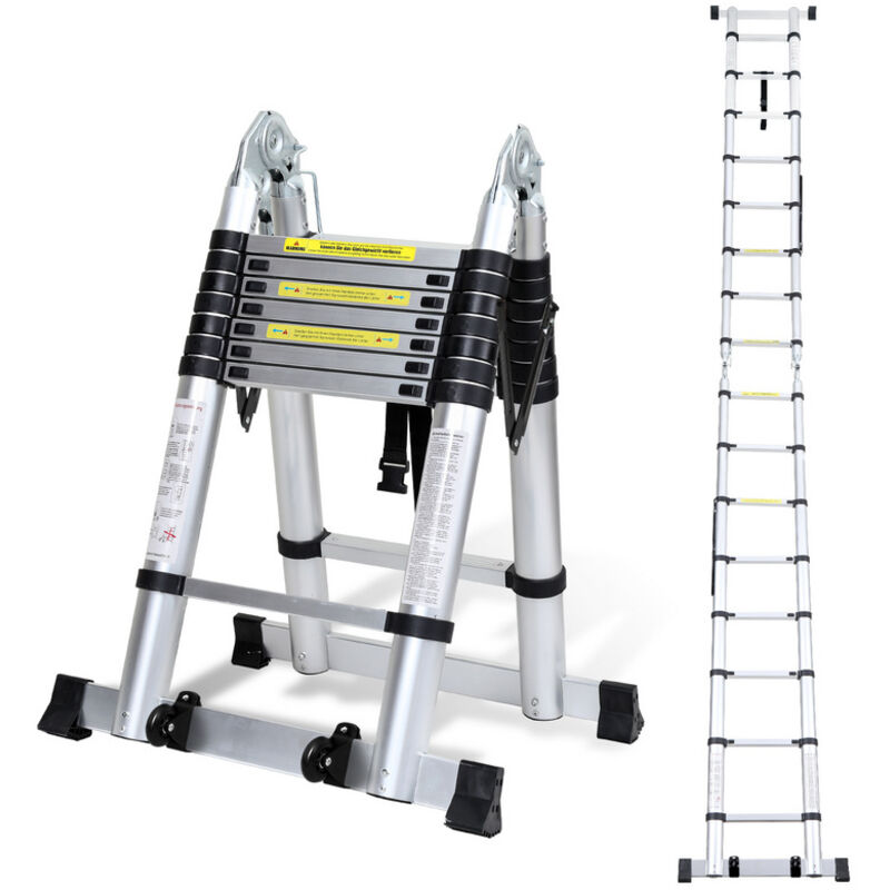 foto del prodotto hengda swanew scala telescopica in alluminio 2.5m 2.5m argento senza ganci con stabilizzatore con ruote carico massimo 150 kg
