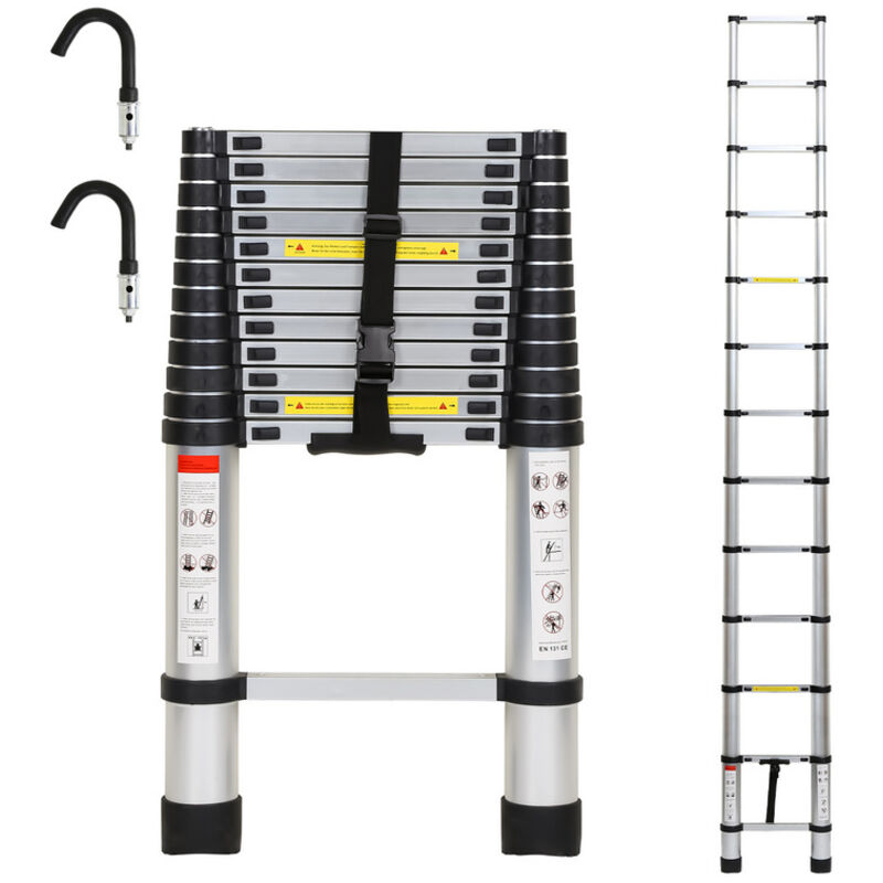 foto del prodotto hengda swanew scala telescopica in alluminio multiuso 3.8scala telescopica in alluminio stabile scalable fino a 150kg argento con gancio