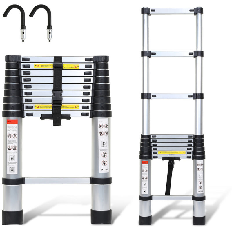 foto del prodotto hengda swanew scala telescopica in alluminio scala multiuso 2.6m scala stabile in alluminio scala doppia fino a 150kg argento con gancio