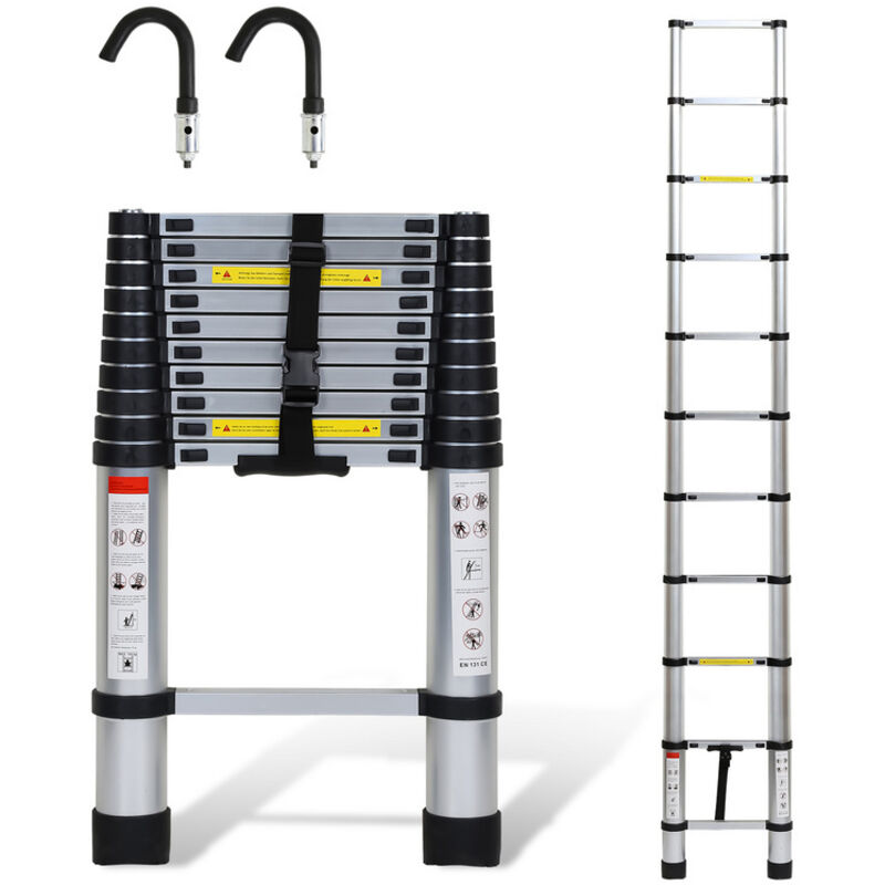 foto del prodotto hengda swanew scala telescopica scala in alluminio multiuso 3.2m scala stabile scala in alluminio fino a 150kg argento con gancio