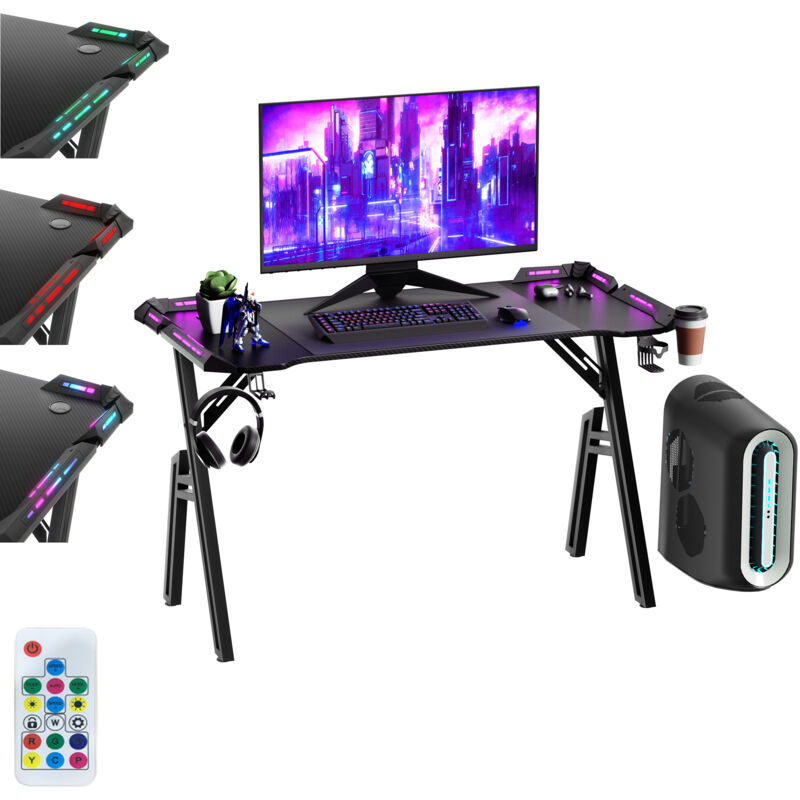 foto del prodotto hengmei 160 x 60 cm a frame gaming desk scrivania da gioco con led rgb regolabile, portabicchieri, gancio per cuffie e poggiapiedi regolabile