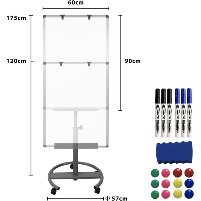foto del prodotto hengmei lavagna a fogli mobili con ruote, 60 x 90 cm, altezza regolabile, magnetica, scrivibile, lavabile, supporto di carta base rotonda con ruote 
