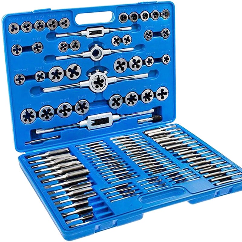 foto del prodotto hengmei set maschi e filiere, set filiere 110 pz in acciaio al tungsteno cassetta metallo professionale con bullone chiavi utensili da taglio