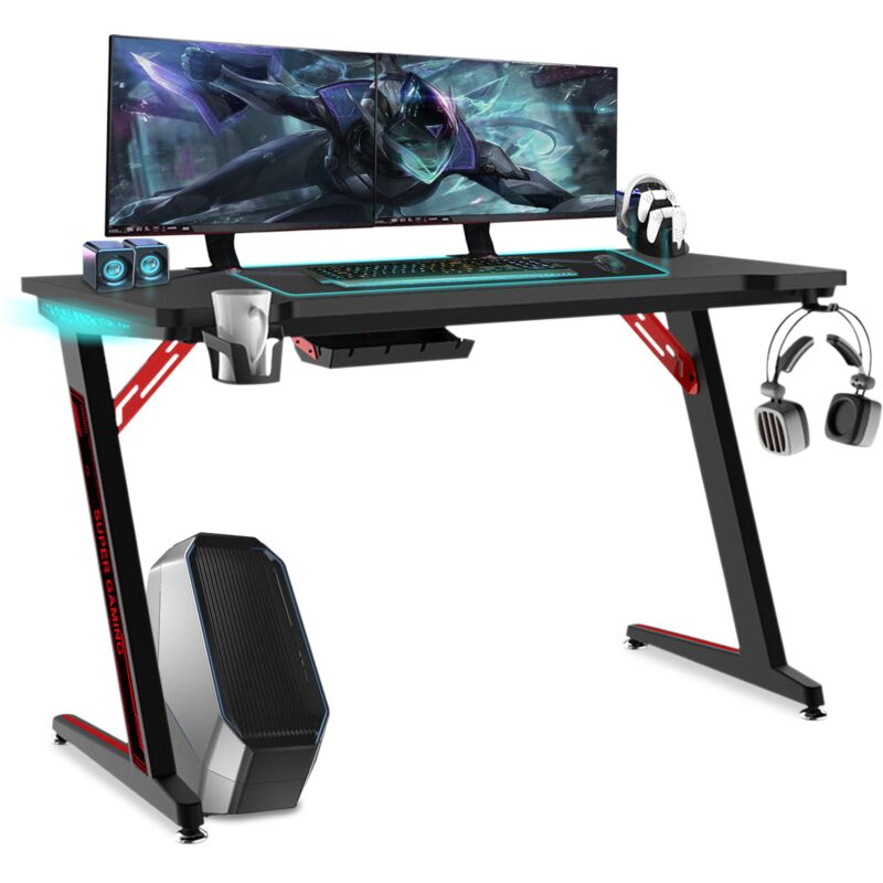 foto del prodotto hengmei tavolo da gioco 120 x 60 cm con illuminazione led rgb, portabicchieri, porta cuffie e canale per cavi, tavolo da computer, tavolo da