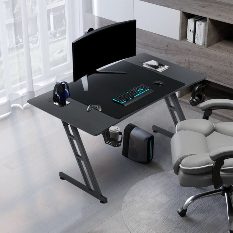 foto del prodotto hengmei tavolo da gioco 160 x 60 cm, scrivania da gioco robusta, tavolo per computer, tavolo per pc nero con portabicchieri e rivestimento in fibra