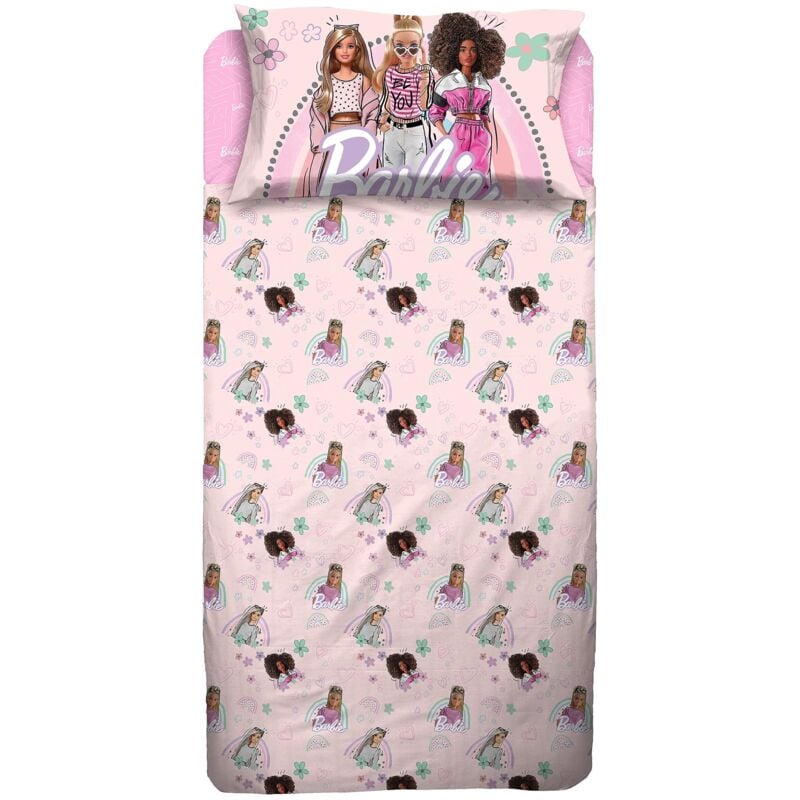 foto del prodotto hermet barbie, lenzuolo singolo, set completo letto, rosa, bimba, lenzuola cameretta, lenzuolo sopra, lenzuolo con angoli, federa 50x80, 100