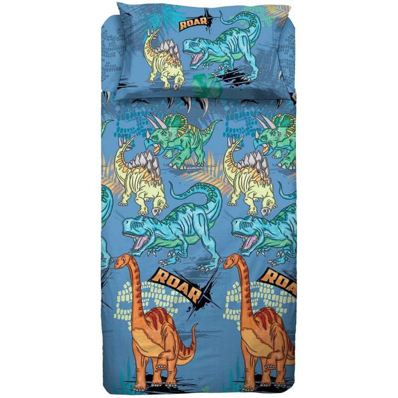 foto del prodotto hermet dinosauri, set lenzuolo singolo cameretta, una piazza, completo letto, lenzuolo sopra, lenzuolo sotto con angoli, federa, 100 cotone,