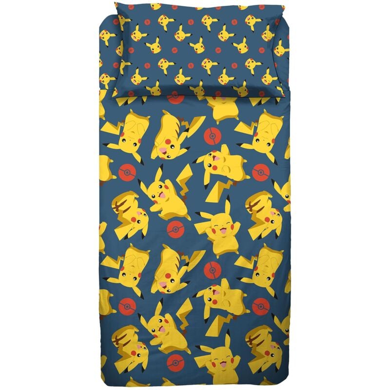 foto del prodotto hermet pokemon, set lenzuolo singolo cameretta, una piazza, completo letto, lenzuolo sopra, lenzuolo sotto con angoli, federa, 100 cotone,