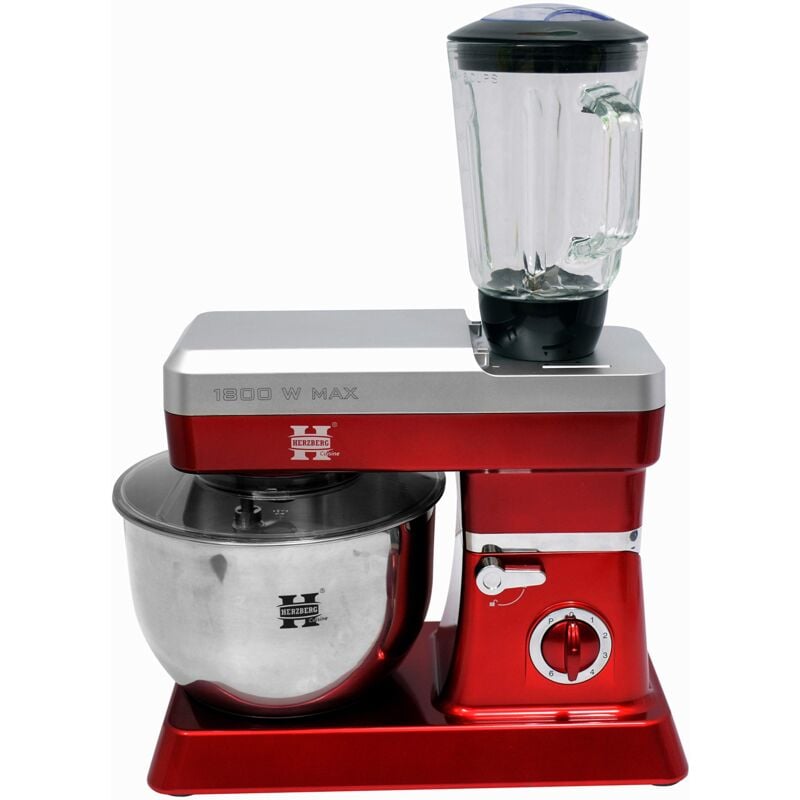 foto del prodotto herzberg hg5065 rd, robot petrin multifunzione, blender in vetro 1.7l, potenza massima 1800 w, regolazione 6 velocit , capacit ciotola 6.5l,