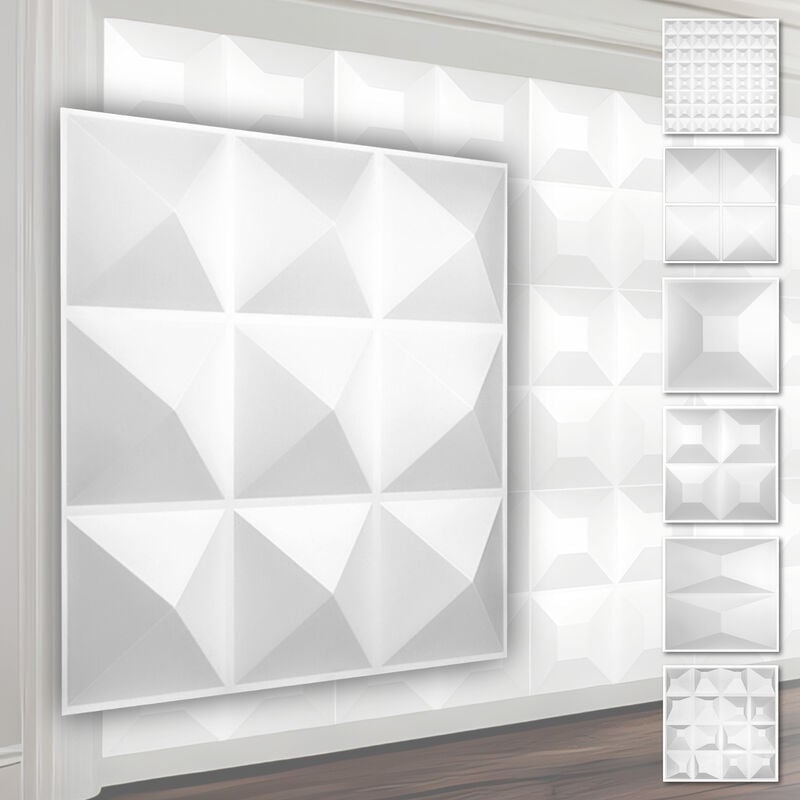 foto del prodotto hexim pannelli murali 3d in plastica pvc rivestimento murale bianco con ottica 3d motivi piramidali 1 pannello campione, hd004