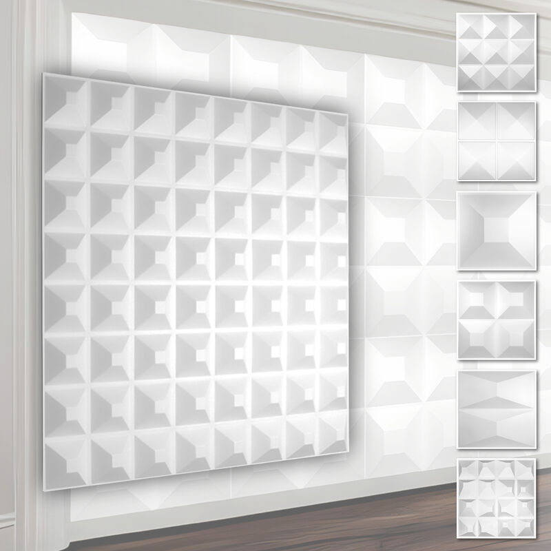 foto del prodotto hexim pannelli murali 3d in plastica pvc rivestimento murale bianco con ottica 3d motivi piramidali 1 pannello campione, hd005