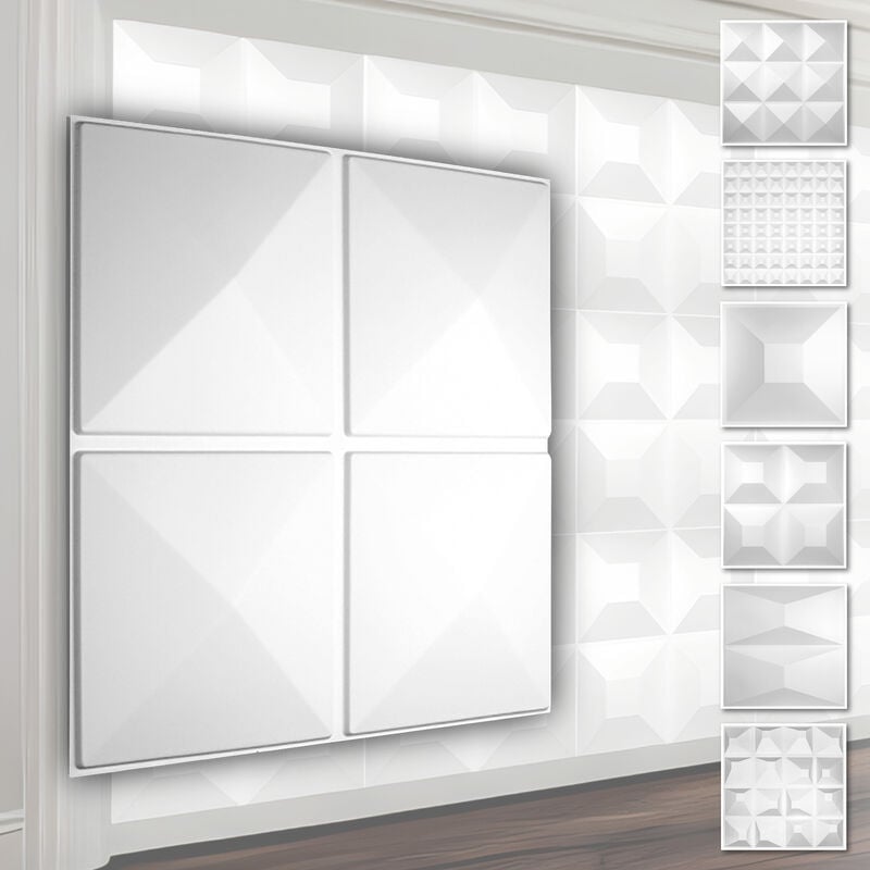 foto del prodotto hexim pannelli murali 3d in plastica pvc rivestimento murale bianco con ottica 3d motivi piramidali 1 pannello campione, hd023