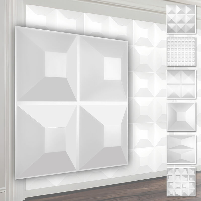 foto del prodotto hexim pannelli murali 3d in plastica pvc rivestimento murale bianco con ottica 3d motivi piramidali 1 pannello campione, hd024 1