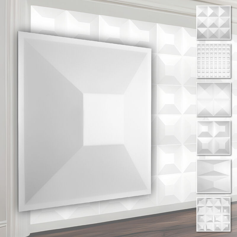 foto del prodotto hexim pannelli murali 3d in plastica pvc rivestimento murale bianco con ottica 3d motivi piramidali 1 pannello campione, hd024