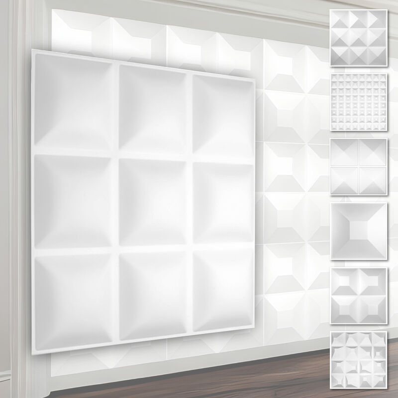 foto del prodotto hexim pannelli murali 3d in plastica pvc rivestimento murale bianco con ottica 3d motivi piramidali 1 pannello campione, hd033