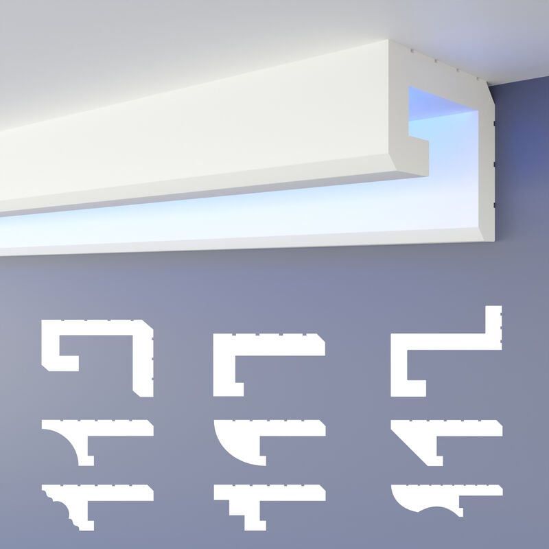 foto del prodotto heximo led profilo di fuga d ombra modanature in stucco, illuminazione indiretta in polistirene xps hled 2 56x70 mm, 30.6 metri 18 distanze