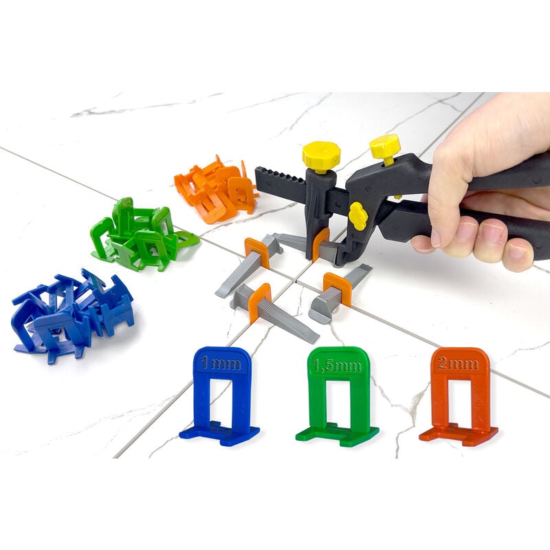 foto del prodotto hexpro sistema di livellamento per piastrelle impostazione di tutte le larghezze delle fughe set 2 mm 200 linguette e 100 cunei , 1 confezione