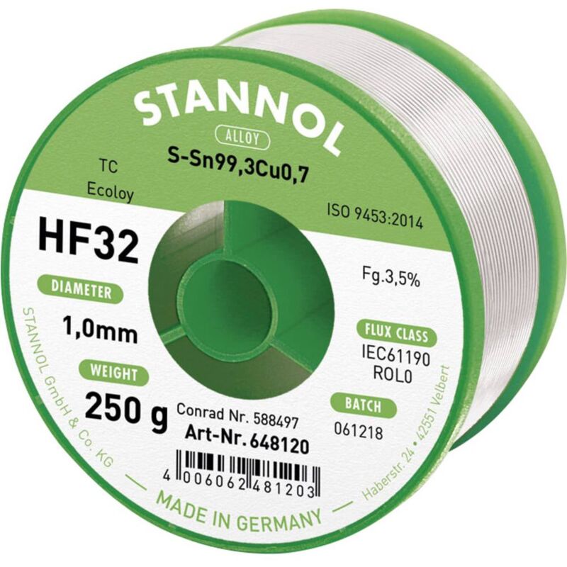 foto del prodotto hf32 3500 stagno senza piombo bobina sn99,3cu0,7 rel0 250 g 1 mm stannol