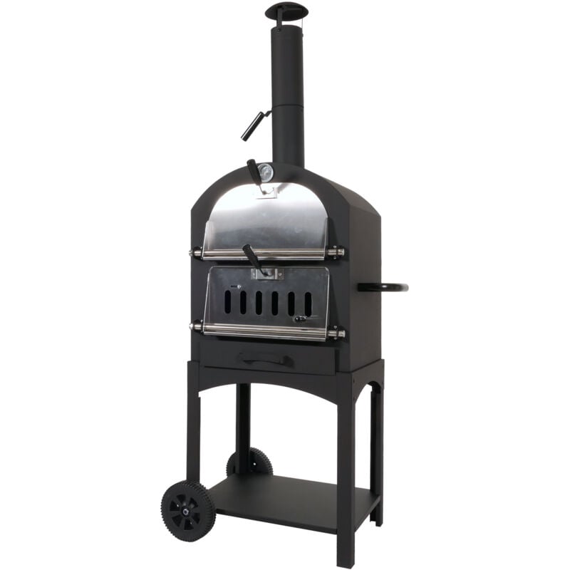 foto del prodotto hhg forno per pizza da giardino doppia griglia pietra refrattaria con ruote 851 166x70x48cm acciaio nero