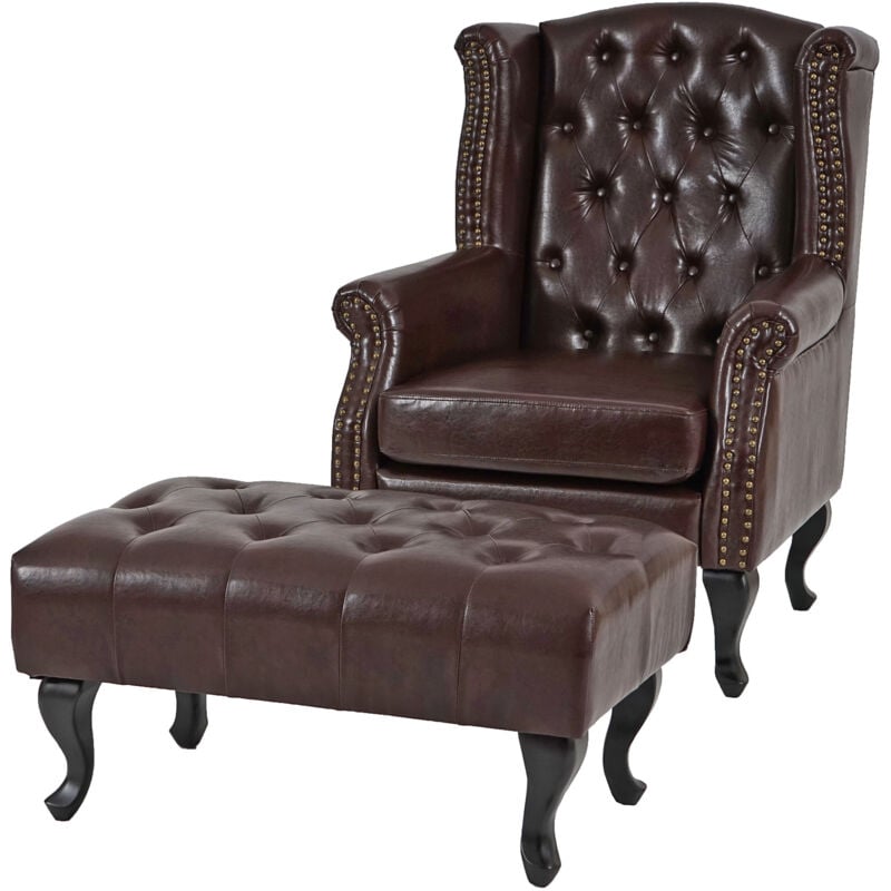 foto del prodotto hhg poltrona stile vittoriano chesterfield ecopelle, marrone con poggiapiedi