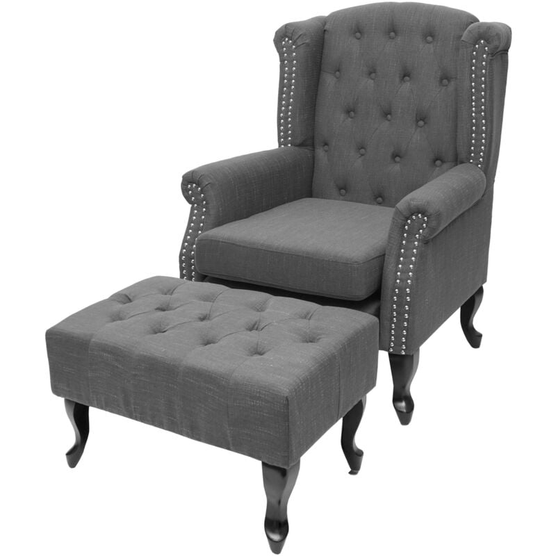 foto del prodotto hhg poltrona stile vittoriano elegante chesterfield tessuto, grigio scuro con poggiapiedi